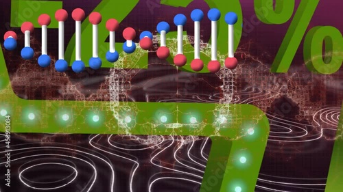 Animation of dna chain over numbers and isohypses on dark background photo