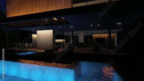 4K video rendering of modern cozy house with parking and pool for sale or rent with wood plank facade and beautiful landscaping on background. Fly-walk forward with light on