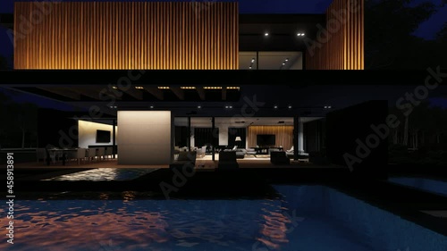 4K video rendering of modern cozy house with parking and pool for sale or rent with wood plank facade and beautiful landscaping on background. Fly-walk from right to left with light on