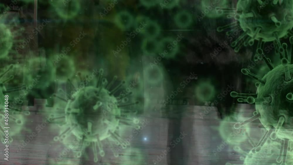 Animation of covid 19 cells over walking people Animation of covid 19 cells over walking people