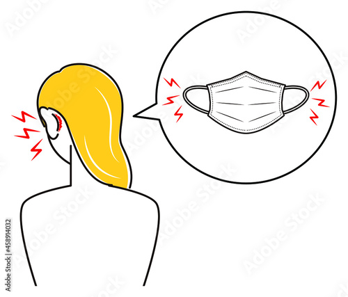 スキンケア マスクの着用が原因で耳の後ろ側が傷ついてしまい痛い女性 イラスト シンプル ベクター
