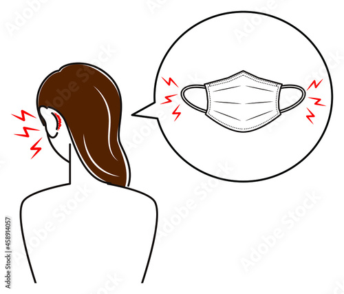 スキンケア マスクの着用が原因で耳の後ろ側が傷ついてしまい痛い女性 イラスト シンプル ベクター