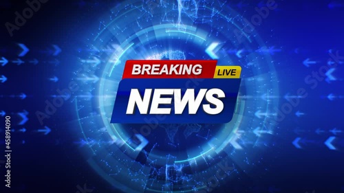 Breaking News Template intro for TV broadcast news show program with 3D breaking news text and badge, cyber and futuristic style photo