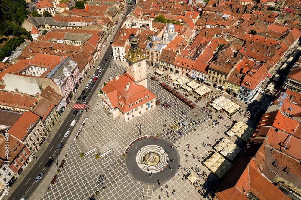 Top down view of the Council Square located in the historic center of Brașov city, Romania. The building in the middle of the square is the former Council House, which was built in the 15th century