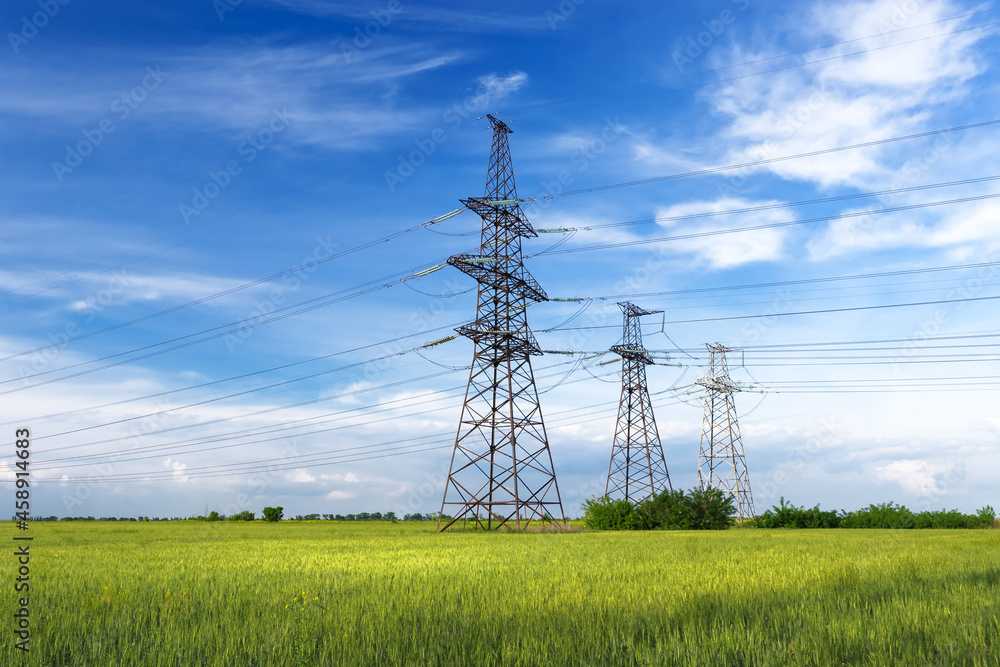 power line summer landscape / passing overhead electricity wire of the support carrying the light and the heat in the house power line summer landscape / passing overhead electricity wire of the support carrying the light and the heat in the house