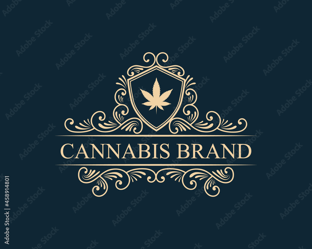 antique Luxury royal vintage Cannabis plant and leaf logo with decorative ornamental frame