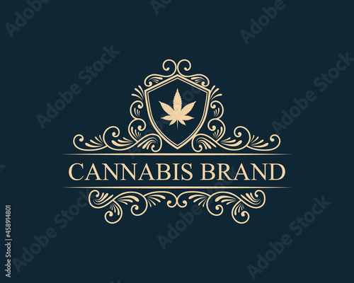 antique Luxury royal vintage Cannabis plant and leaf logo with decorative ornamental frame