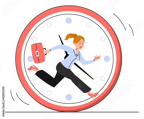 Business woman running inside the clock in panic vector isolated. Concept of deadline, person in a hurry. Office worker is late.