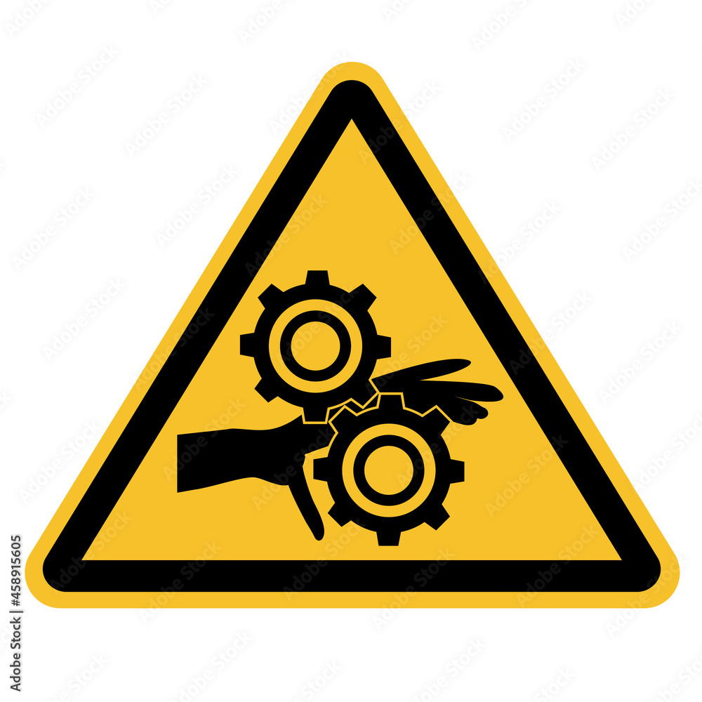 Pinch point entanglement crush gears icon on white background. Caution symbol. flat style. Pinch point entanglement crush gears icon on white background. Caution symbol. flat style.