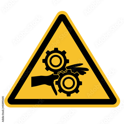 Pinch point entanglement crush gears icon on white background. Caution symbol. flat style.