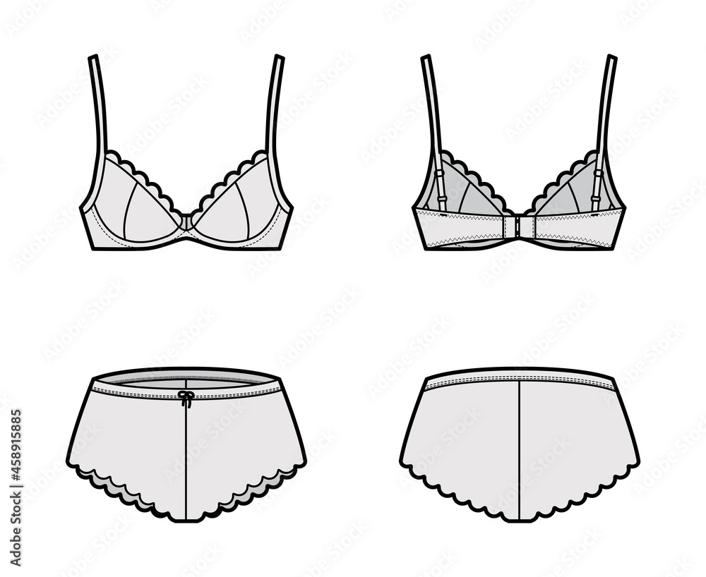 spiller dannelse Rede Set of lingerie - bra underwire and french knickers technical fashion  illustration with escalloped edge. Flat brassiere template front, back,  grey color style. Women, men, unisex underwear CAD mockup Stock Vector 