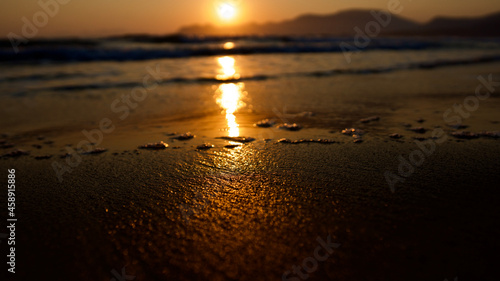 Spawning place of Caretta Caretta turtles: Iztuzu beach. Golden sun rays reflecting off the sea at sunset. Spectacular sunset at the meeting point of the Mediterranean and Aegean.