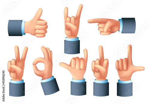 Set of hand signs. 3d vector illustration. Hand gestures isolated on white background