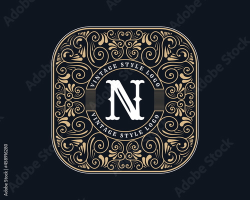Vintage ornamental vector with floral ornament Suitable for whiskey, liquor, beer, brewery, wine, barber shop, coffee shop, tattoo studio, salon, boutique, hotel, shop signage engraving illustration