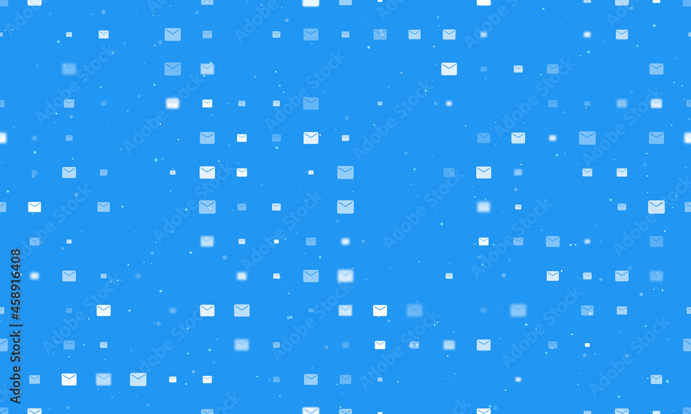 Seamless background pattern of evenly spaced white email symbols of different sizes and opacity. Vector illustration on blue background with stars