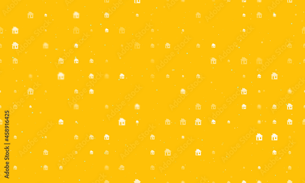 Seamless background pattern of evenly spaced white house symbols of different sizes and opacity. Vector illustration on amber background with stars