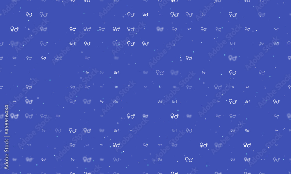 Seamless background pattern of evenly spaced white gender symbols of different sizes and opacity. Vector illustration on indigo background with stars Seamless background pattern of evenly spaced white gender symbols of different sizes and opacity. Vector illustration on indigo background with stars