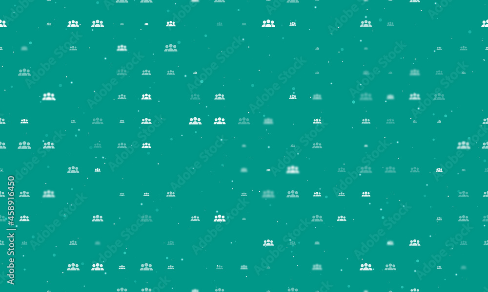 Seamless background pattern of evenly spaced white people symbols of different sizes and opacity. Vector illustration on teal background with stars