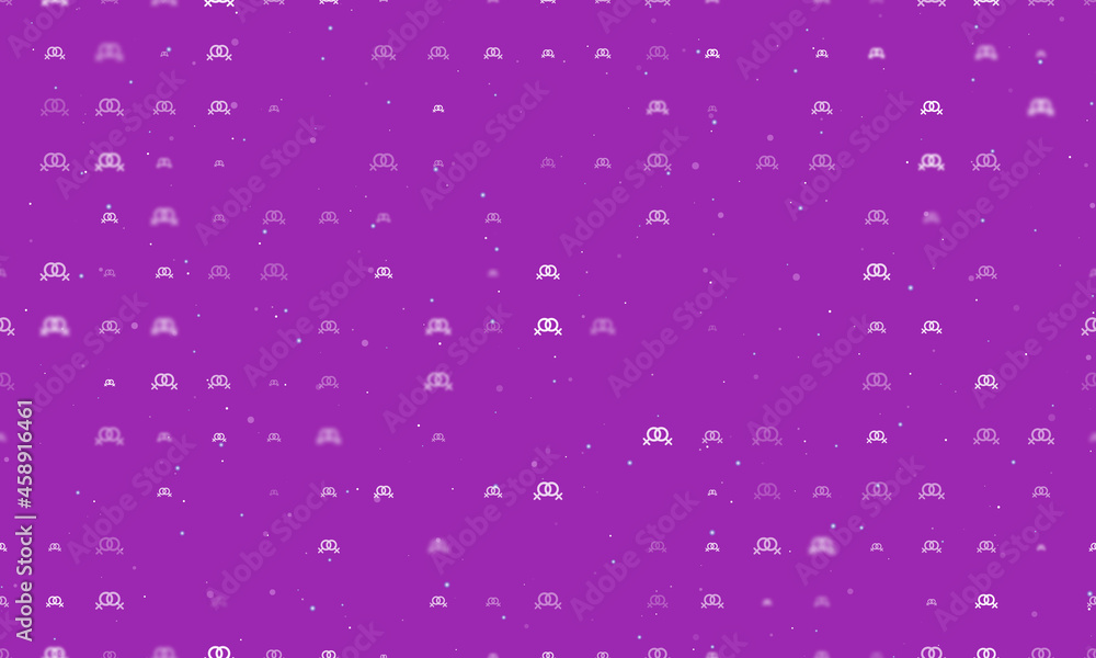 Seamless background pattern of evenly spaced white lesbian symbols of different sizes and opacity. Vector illustration on purple background with stars