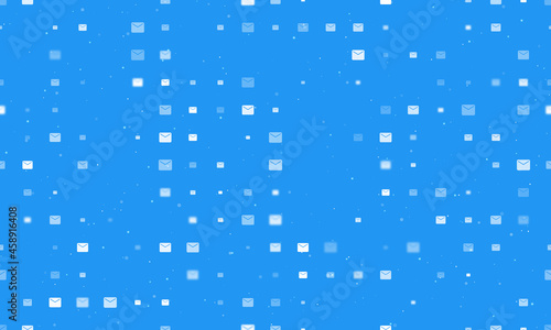 Seamless background pattern of evenly spaced white email symbols of different sizes and opacity. Vector illustration on blue background with stars