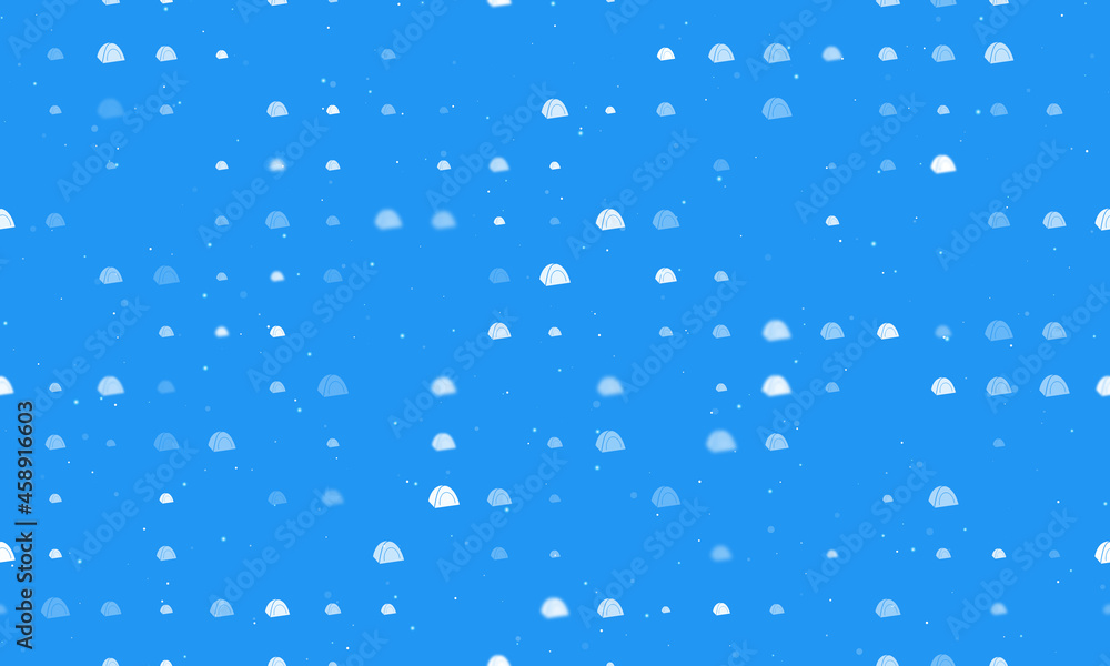 Seamless background pattern of evenly spaced white tourist tents of different sizes and opacity. Vector illustration on blue background with stars