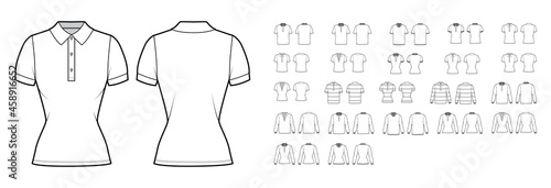 Set of Polo Shirts technical fashion illustration with long short sleeves, tunic crop length, henley neck, oversized fitted body. Apparel top outwear template front back, white color. Women CAD mockup