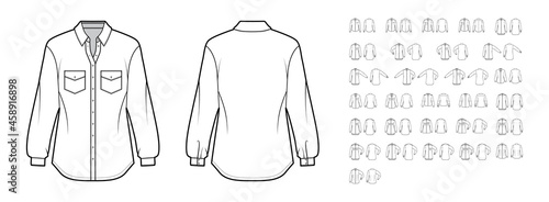 Set of Shirts classic technical fashion illustration with long sleeves in different position, button closure. Flat apparel top outwear template front, back, white color. Women, men, unisex CAD mockup