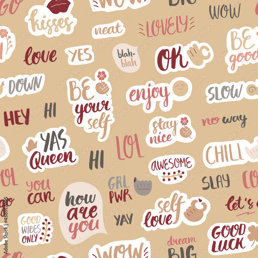 Naklejka premium Seamless pattern with frequently used words and phrases on golden background. Cute signs and symbols. For prints, backgrounds, wrapping paper, textile, linen, wallpaper, etc.
