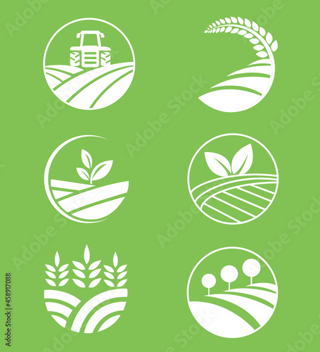 Agriculture land tenure icons, badges, logos. Farm food. Natural products Tractor on the field, landscape, farm. Wheat ear icon. Eco products.