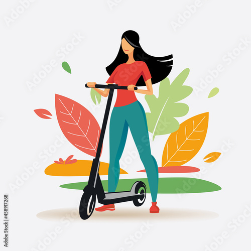 young happy female riding electric scooter, stylized vector illustration