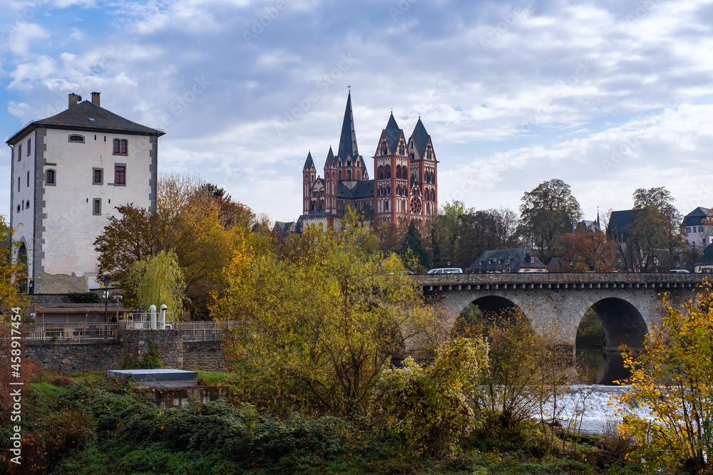 View of the cathedral of Limburg / Germany and the old stone bridge over the Lahn 