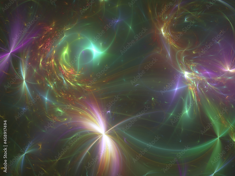 Abstract fractal art background, suggestive of magic, fantasy, an aurora, gas, smoke, plasma or a nebula.