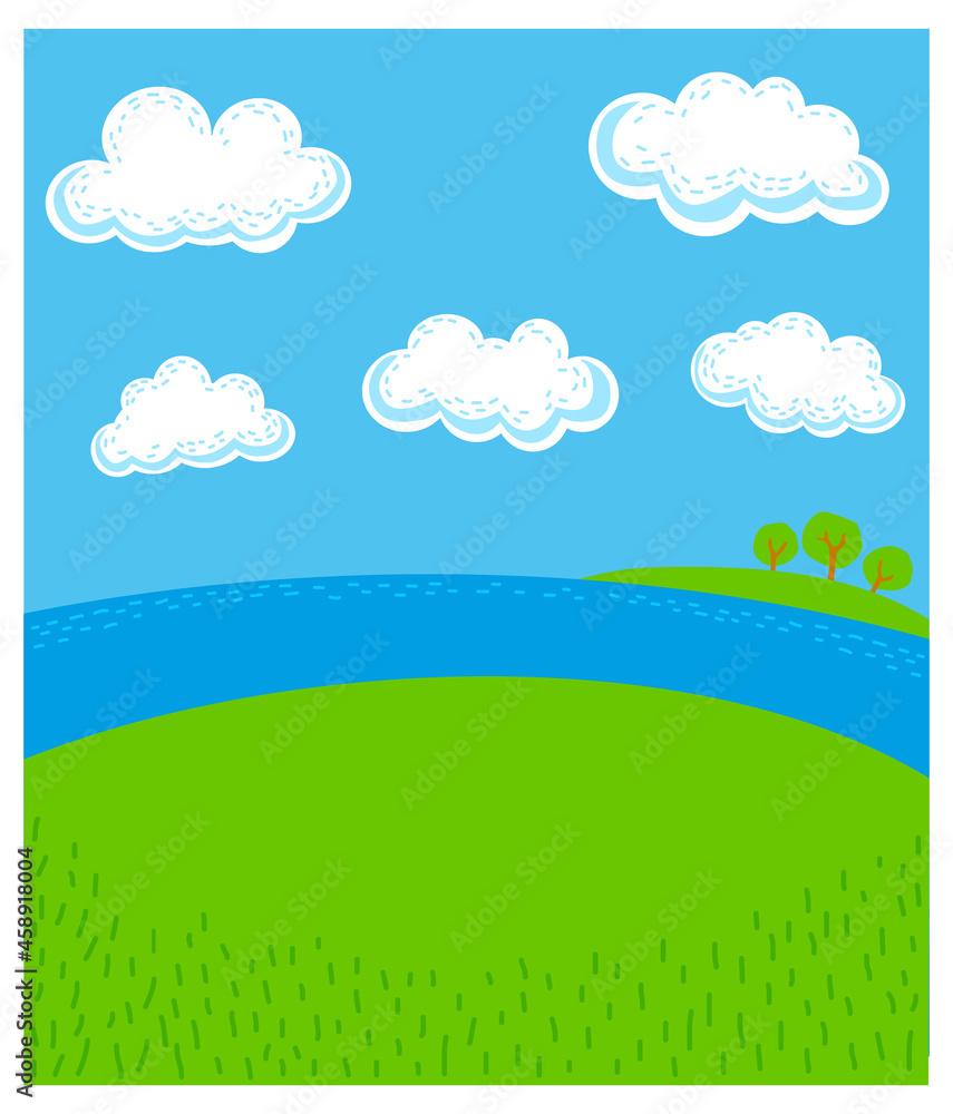 Riverside with island, trees and clouds. Vector background cartoon illustration isolated on white. Riverside with island, trees and clouds. Vector background cartoon illustration isolated on white.