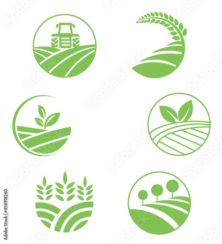 Agriculture land tenure logo, icons, badges on white background. Farm food. Natural products Tractor on the field, landscape, farm. Wheat ear icon. Eco products.