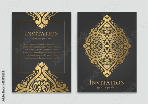 Black invitation card design with golden ornament pattern. Luxury vintage vector template. Can be used for background and wallpaper. Elegant and classic vector elements great for decoration.