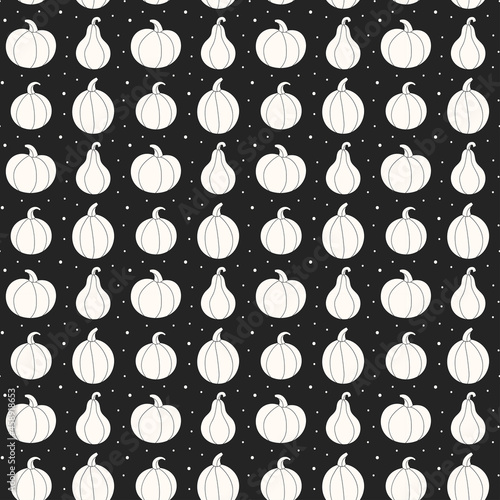 Pumpkin silhouette seamless pattern, background. Autumn holiday. Thanksgiving Halloween decor. Vegan vegetarian food. Kitchen element. Groceries shop. Gardening, farming.