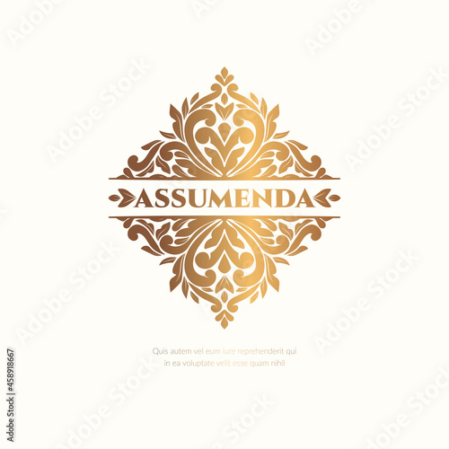 Golden frame with vector ornament on a white background. Elegant, classic elements. Can be used for jewelry, beauty and fashion industry. Great for logo, emblem, or any desired idea.