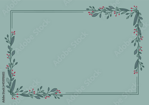 Prosta ramka z bukietem gałązek z listkami na zielonym tle. Tło do projektowania wizytówki, kartek urodzinowych, życzeń, gratulacji, wzór zaproszenia ślubnego, tło do social media lub na blog.