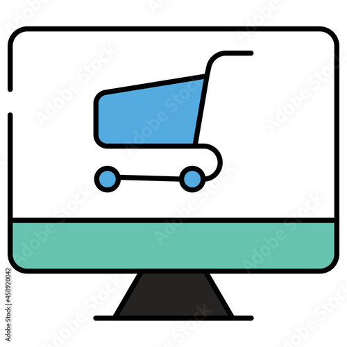 Pushcart inside monitor, flat design icon of eshopping