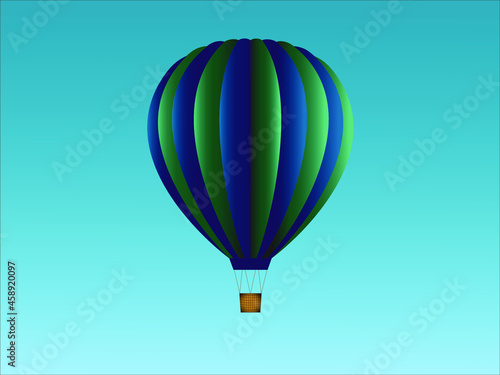 Illustration eines gestreiften Heißluftballons in den Farben Blau und Grün. Hintergrund blau.