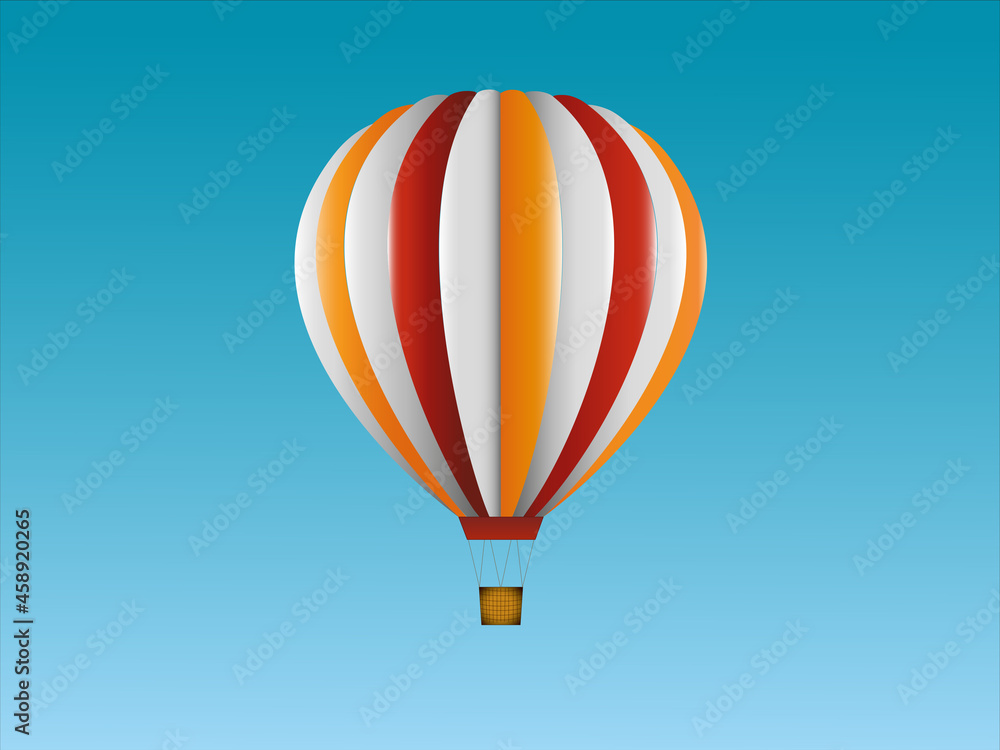Fototapeta premium Illustration eines gestreiften Heißluftballons in den Farben Gelb, Weiß und Rot. Hintergrund blau.