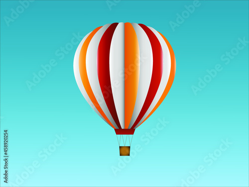 Illustration eines gestreiften Heißluftballons in den Farben Gelb, Weiß und Rot. Hintergrund blau.