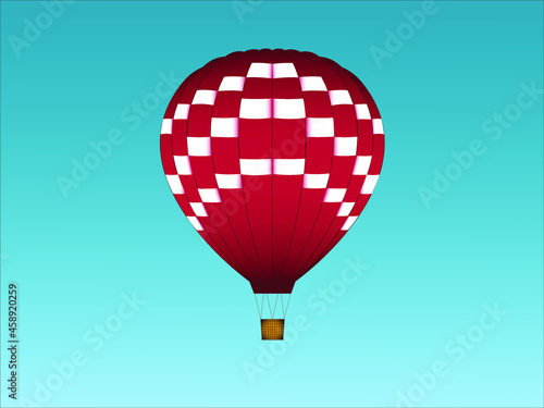Illustration eines gestreiften Heißluftballons in den Farben Weiß und Rot. Hintergrund blau.