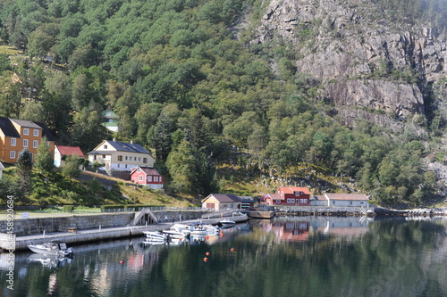 Flørli community in Lysefjord (Lysefjorden) fjord in Norway in summer in Scandinavia