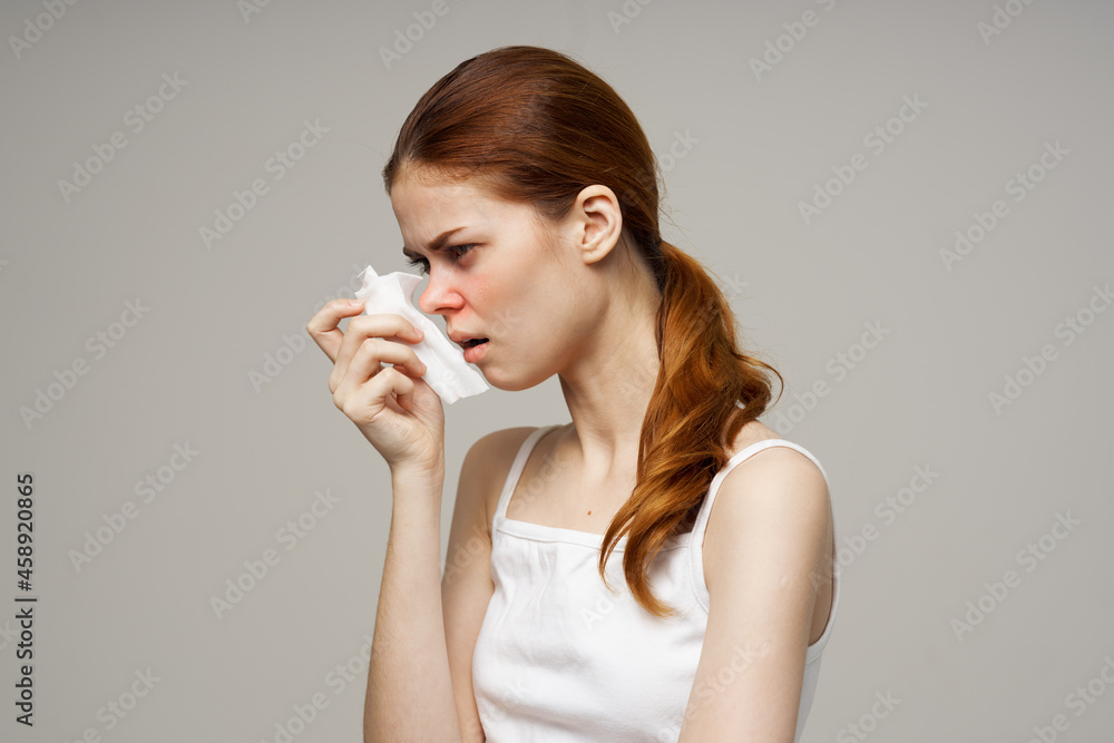 woman flu infection virus health problems isolated background woman flu infection virus health problems isolated background