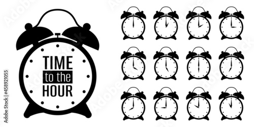 Time to the every hour of the clock. Set black alarm clocks icon, sign, symbol isolated on white background. Vector illustration photo