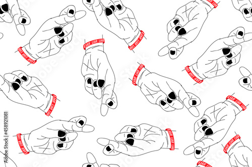 Fingers crossed sketch with red liar bracelet, doodle isolated on white background. Seamless pattern Lie promise, on luck, false, superstition symbol. Vector illustration