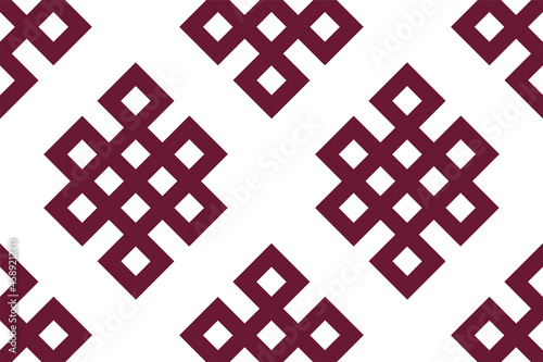 Seamless pattern Tibetan endless knot - Shrivatsa. Tibet Buddhism sacral symbol isolated on white background. Feng shui wallpaper, texture, fabric textile print. Vector illustration