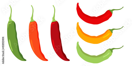 Set of Hot Chilli peppers,  vitamin C source. Red, Green and Orange Peppers. Hot Chilli Peppers for agriculture, cooking, healthy food. Dietetic, vegetarian and Healthy food composition.