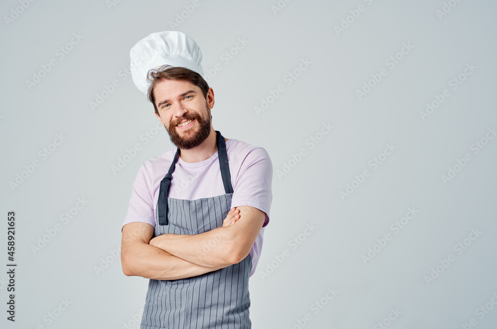 man in chef's uniform emotions hand gestures professional light background man in chef's uniform emotions hand gestures professional light background